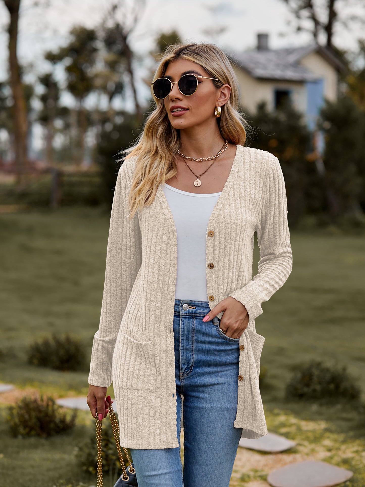 Full Size Ribbed Button-UP Cardigan with Pockets