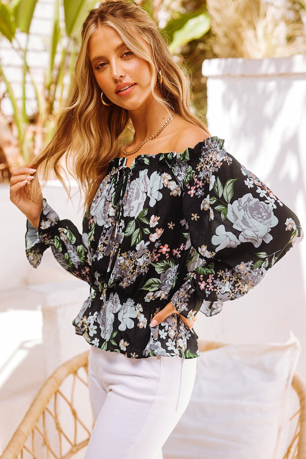 Women's Full Size Floral Tied Off-Shoulder Flounce Sleeve Peplum Blouse