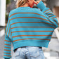 Striped Round Neck Drop Shoulder Slit Sweater