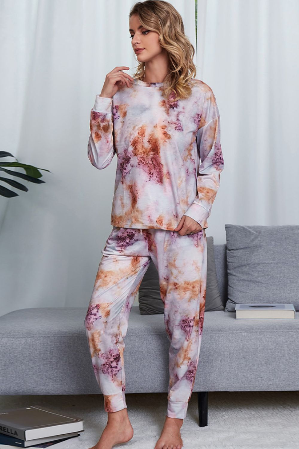 Women's Tie-Dye Crewneck Top and Drawstring Waist Joggers Lounge Set