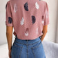 Feather Print Lapel Collar Puff Sleeve Shirt