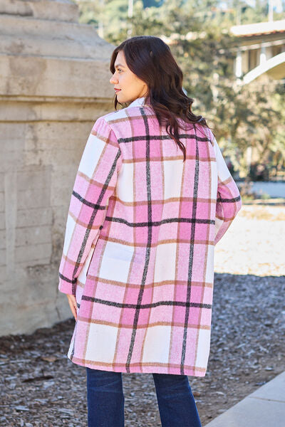 Double Take Full Size Plaid Button Up Lapel Collar Coat *