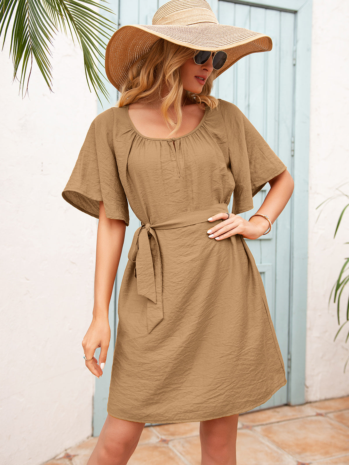 SO YOU Tie Waist Flutter Sleeve Mini Dress