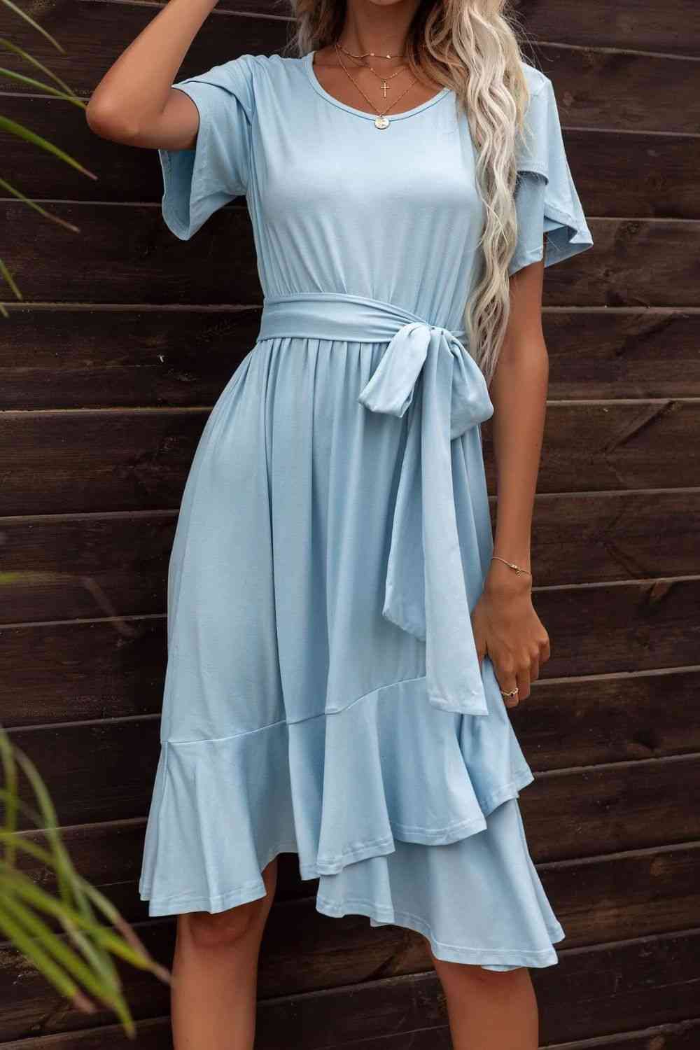 FULL SIZE Tie Waist Petal Sleeve Ruffle Hem Dress