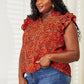 Double Take Red Orange Floral Flutter Sleeve Notched Neck Blouse