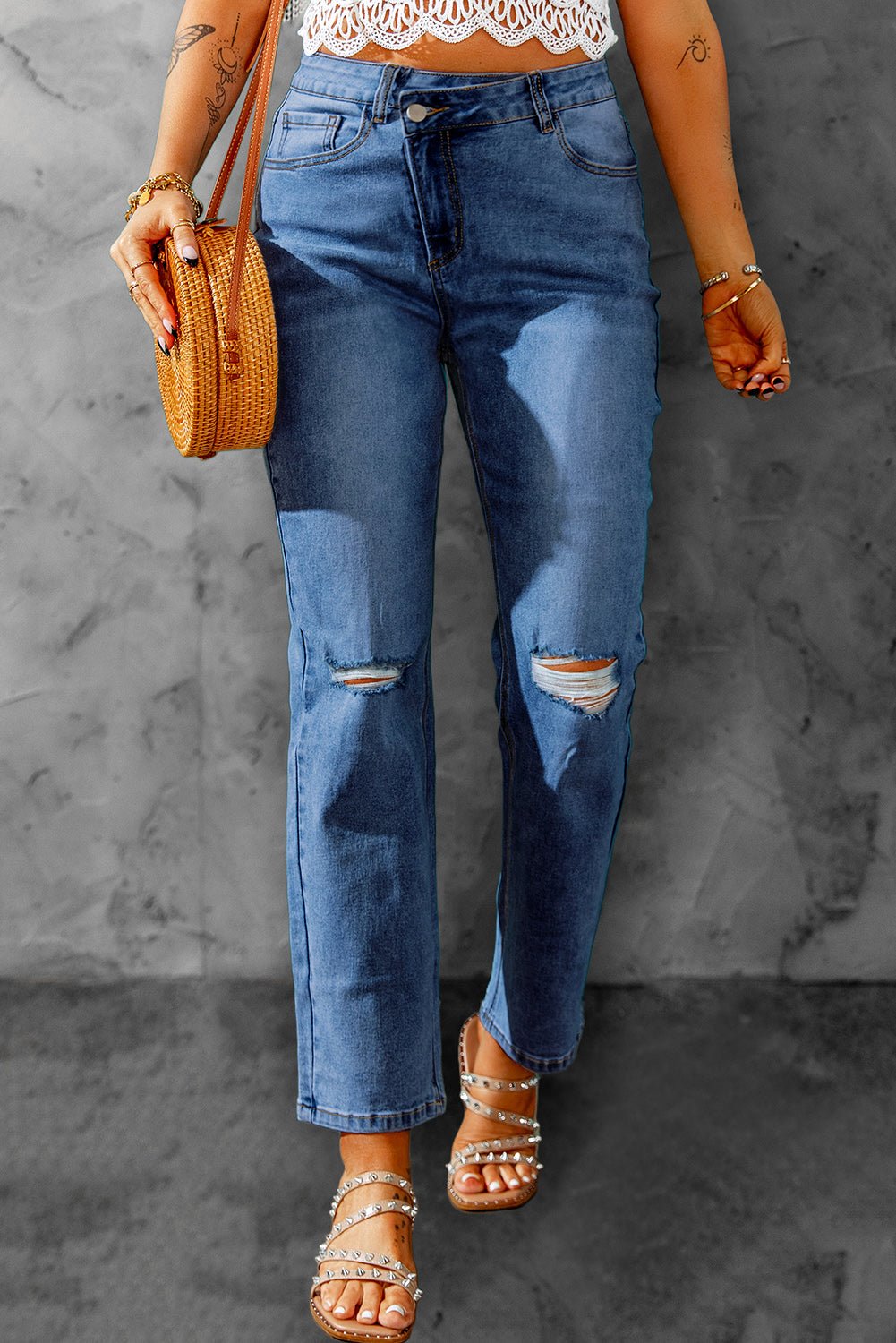 BEYOND CHIC Blue High Waist Distressed Straight Leg Jeans