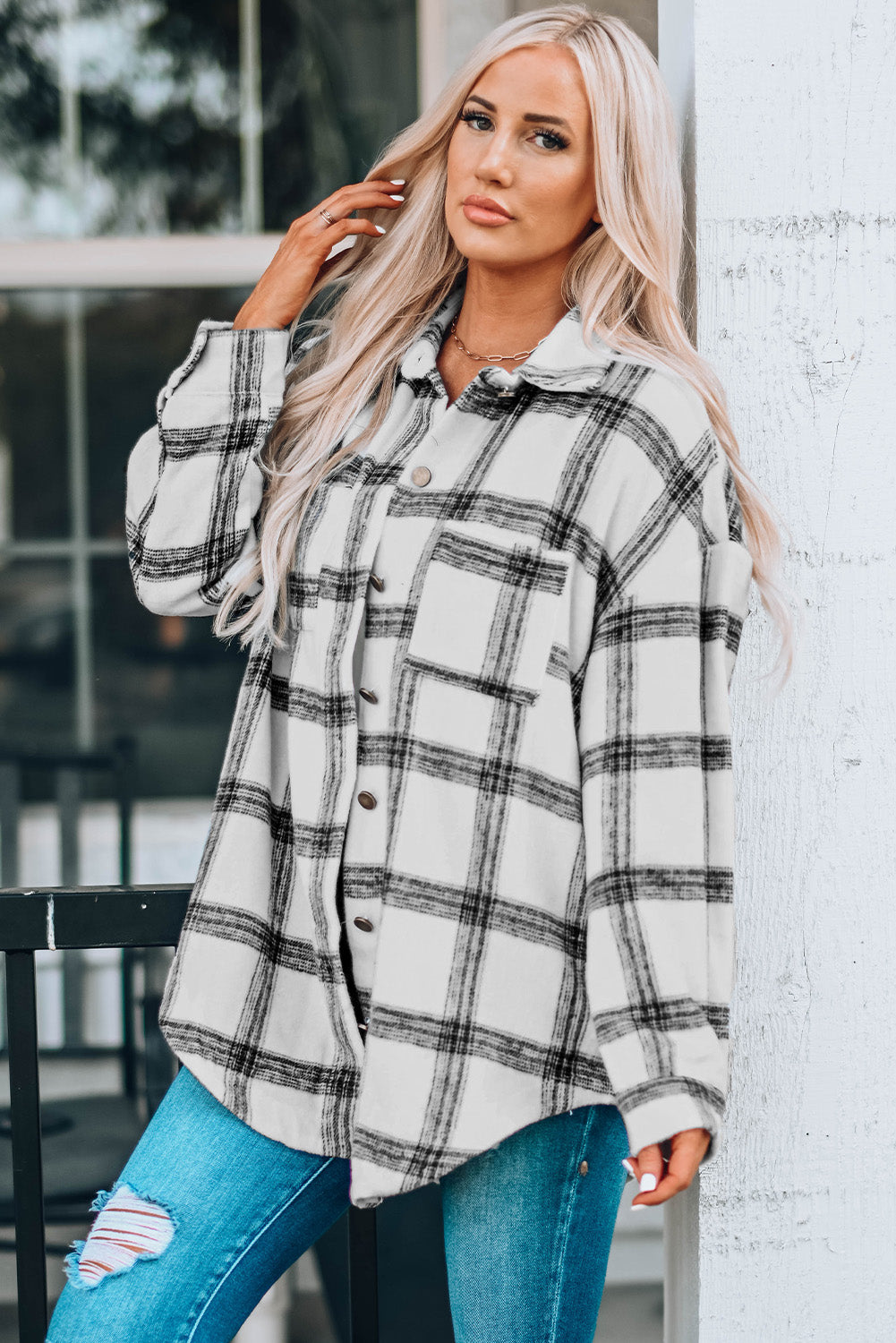 Aaarti&Destiny Full Size Plaid Curved Hem Dropped Shoulder Longline Shirt Jacket