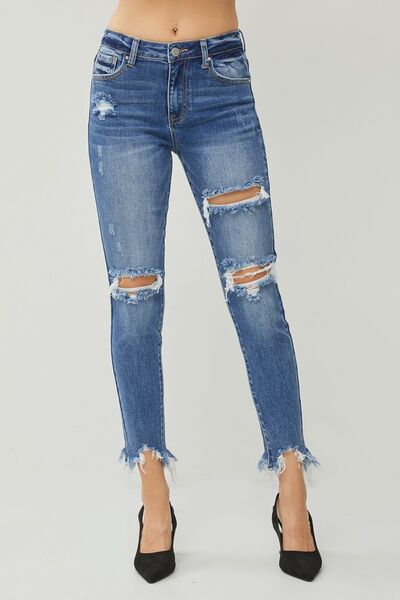 RISEN Distressed Frayed Hem Slim Jeans *