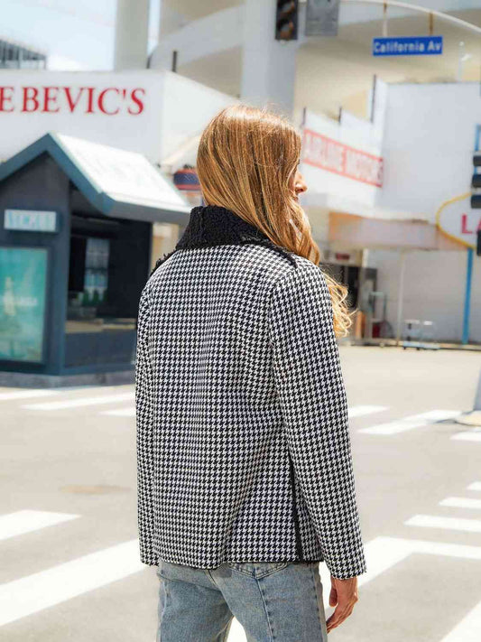 Aaliyah Black Full Size Houndstooth Open Front Long Sleeve Jacket