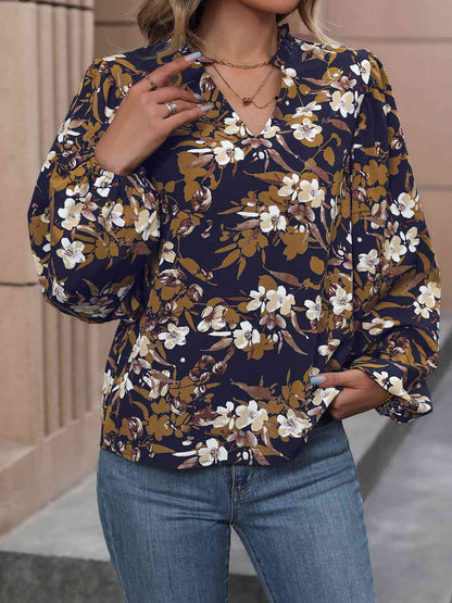 Navy Blue Floral Notched Balloon Sleeve Blouse