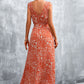 Full Size Printed V-Neck Tie Waist Maxi Dress