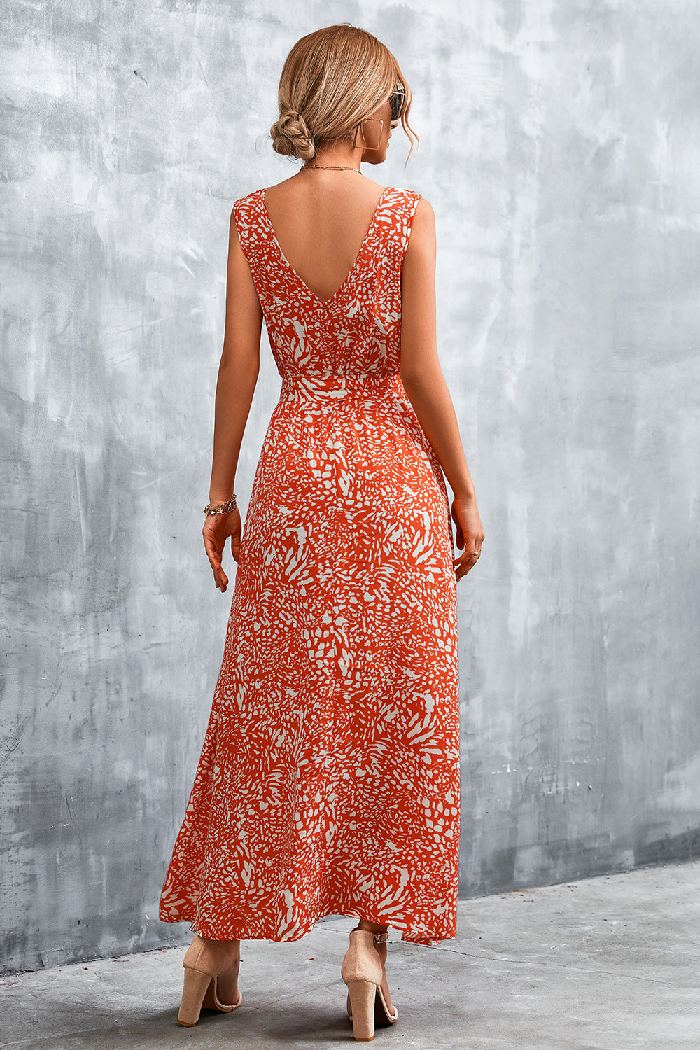 Full Size Printed V-Neck Tie Waist Maxi Dress