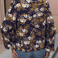 Navy Blue Floral Notched Balloon Sleeve Blouse