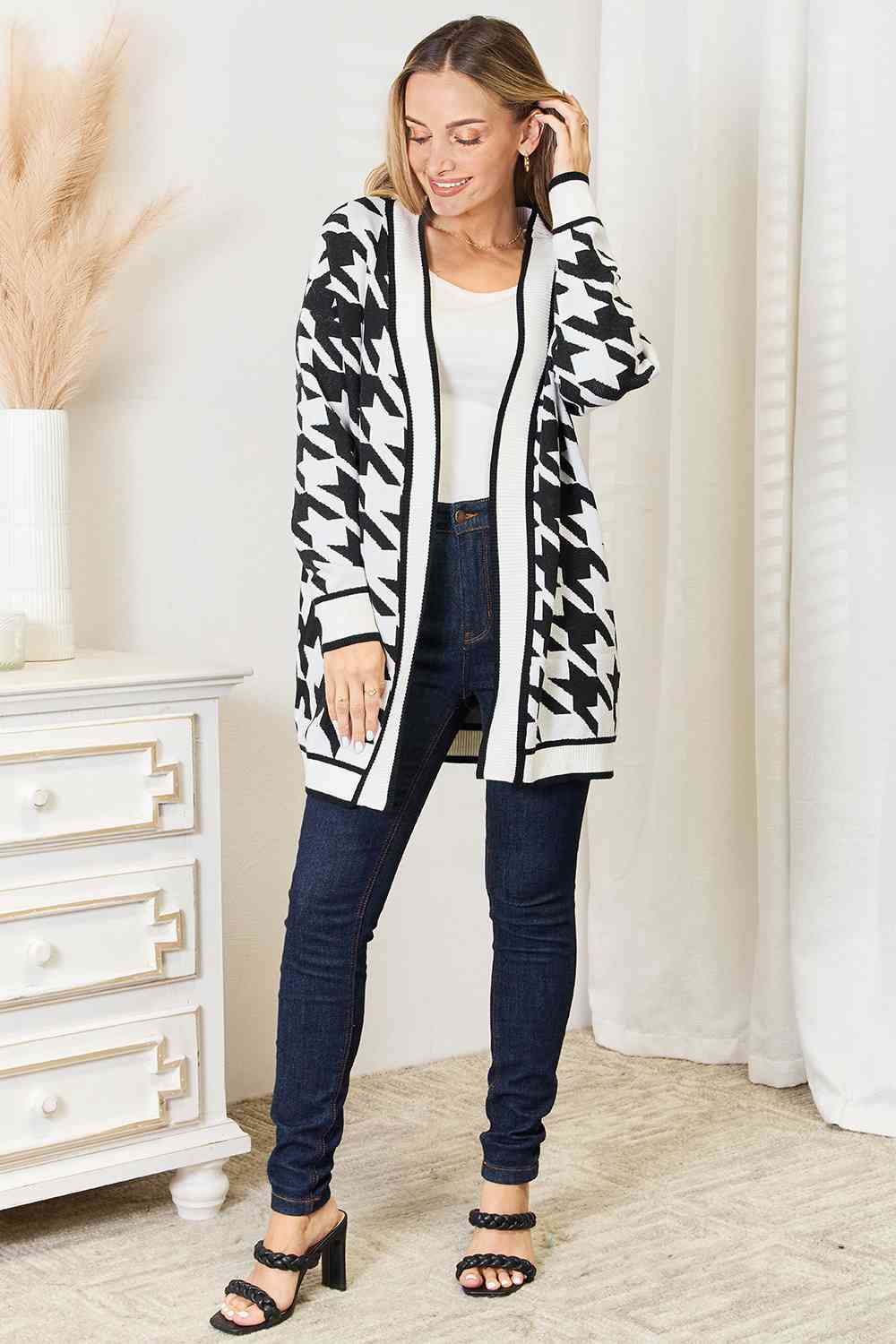 Woven Right Houndstooth Open Front Longline Cardigan *