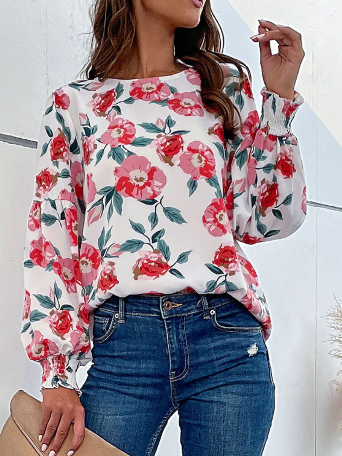 Women's Floral Long Puff Sleeve Round Neck Blouse