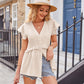 Full Size Buttoned V-Neck Ruffle Trim Top