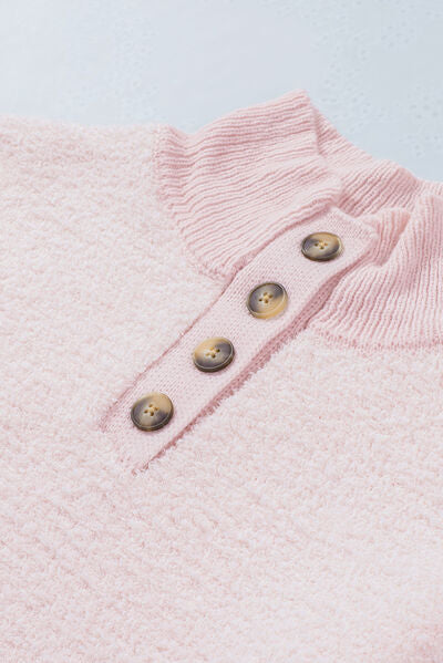 Adalyn Blush Pink Full Size Mock Neck Quarter Button Sweater