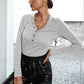 Striped Buttoned V-Neck Long Sleeve Top