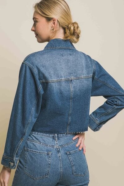 LOVE TREE Raw Hem Button Up Cropped Denim Jacket *