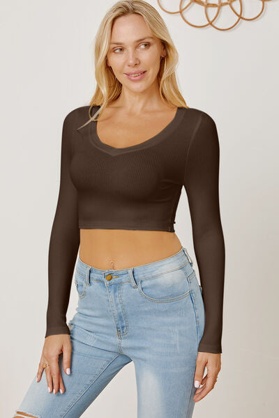 BasicStyle Round Neck Long Sleeve Cropped T-Shirt