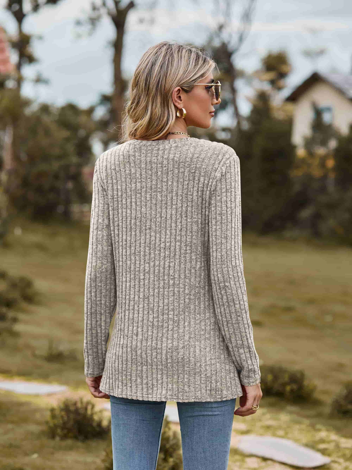 Full Size Ribbed Round Neck Long Sleeve Tee