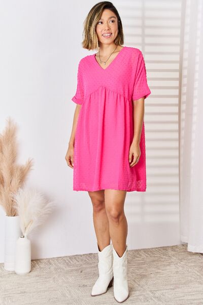 Zenana Swiss Dot Rolled Short Sleeve Babydoll Dress - Brand Zenana *