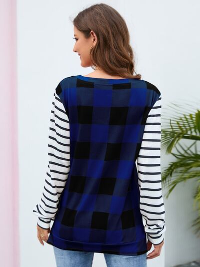 Women's HannahMea Plaid Striped Round Neck Long Sleeve T-Shirt