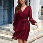 SO CUTE Full Size Surplice Neck Swiss Dot Tie Belt Layered Dress