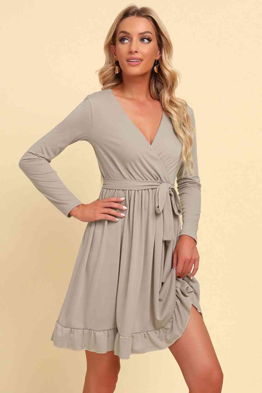 FULL SIZE Long Sleeve Tie Waist Ruffle Hem Dress