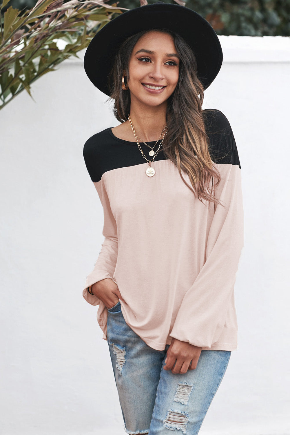 Women's Contrast Balloon Sleeve Blouse