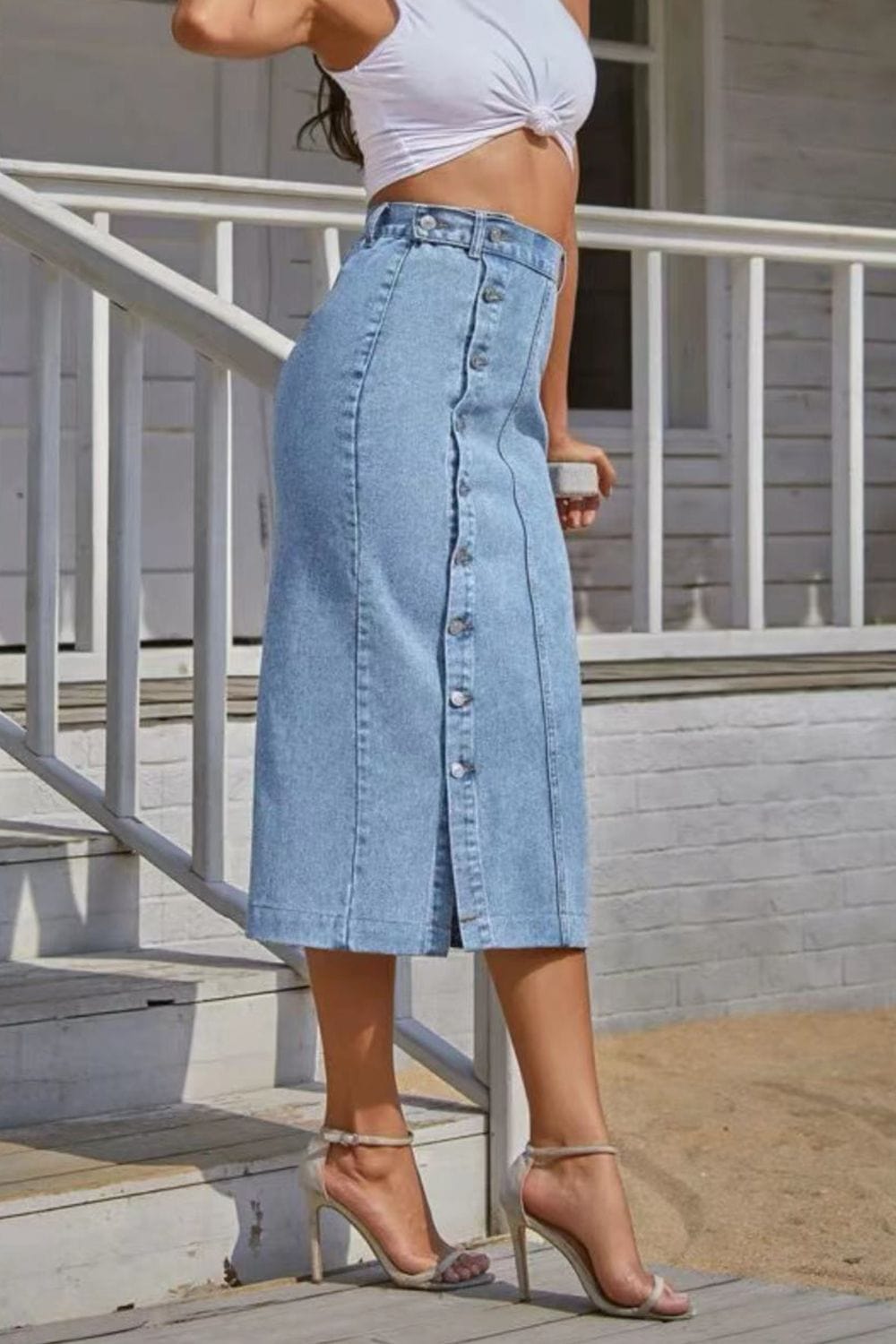 Light Blue Button Fly Split Denim Skirt