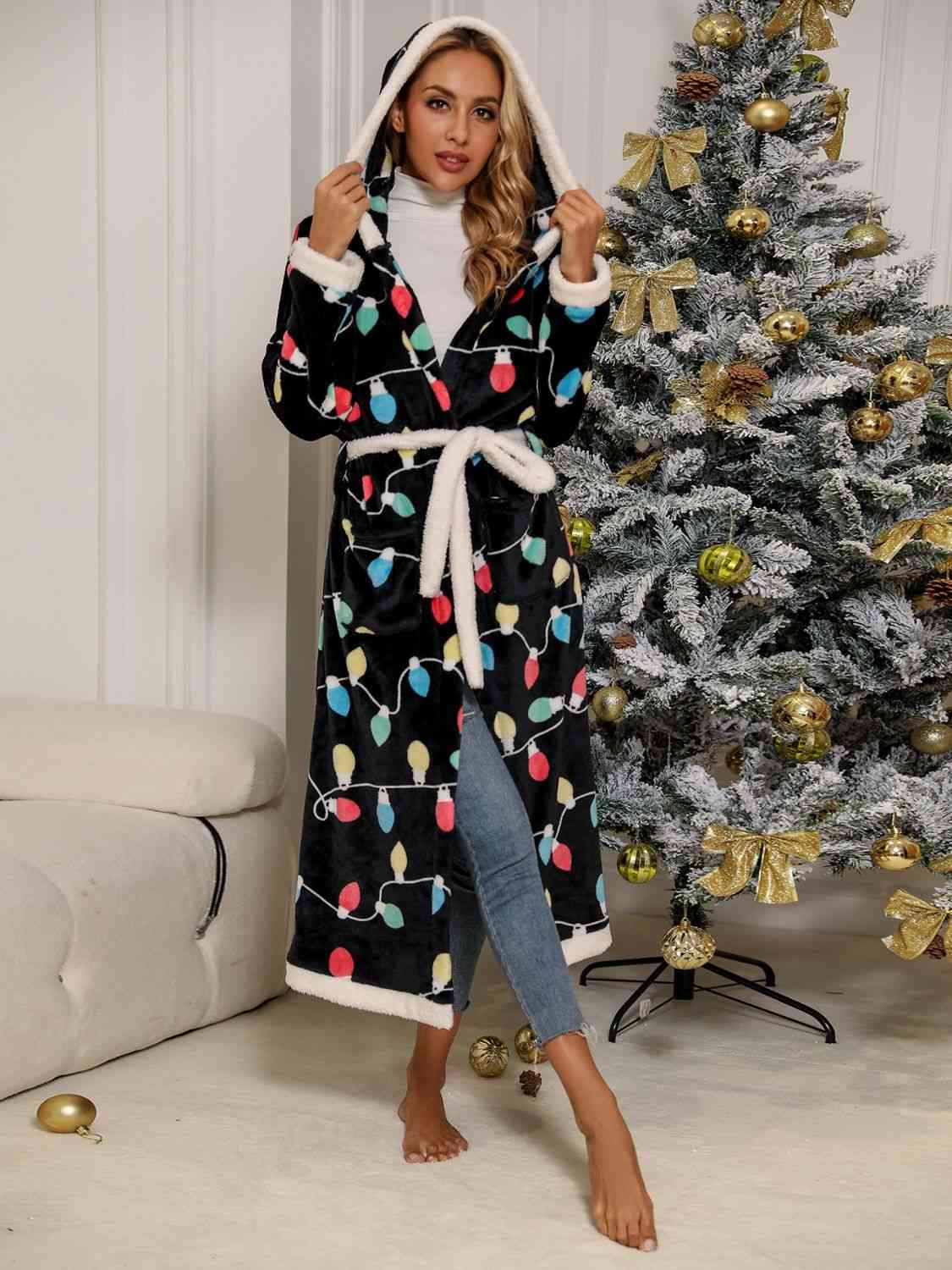 Full Size Tie Waist Hooded Robe