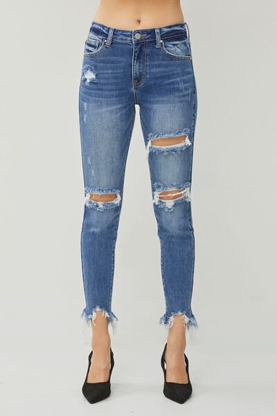 RISEN Distressed Frayed Hem Slim Jeans *