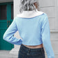 Basic Style Pink, Black, or Blue Contrast Collared Cropped Sweater
