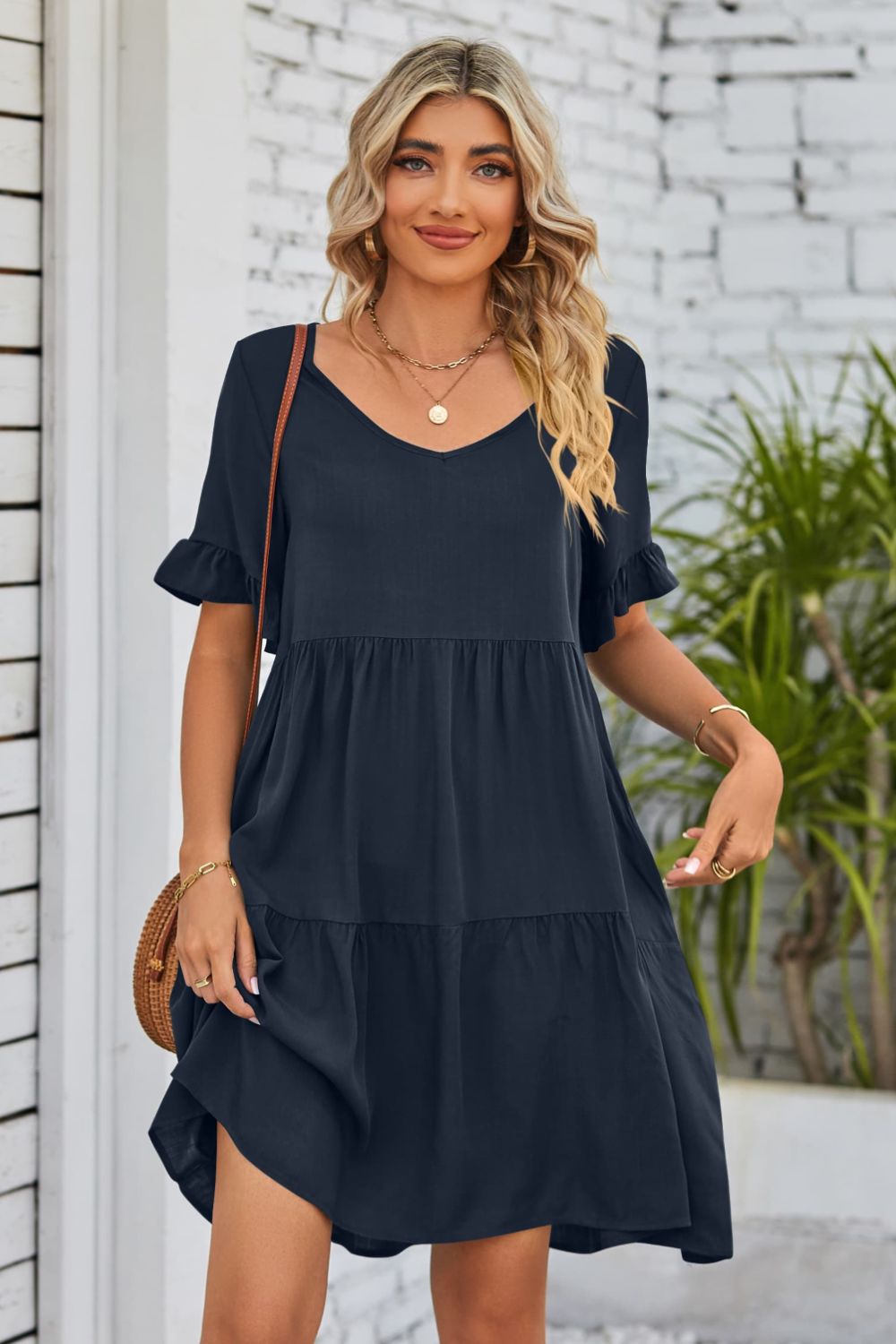 SO BOHO Full Size V-Neck Flounce Sleeve Tiered Dress