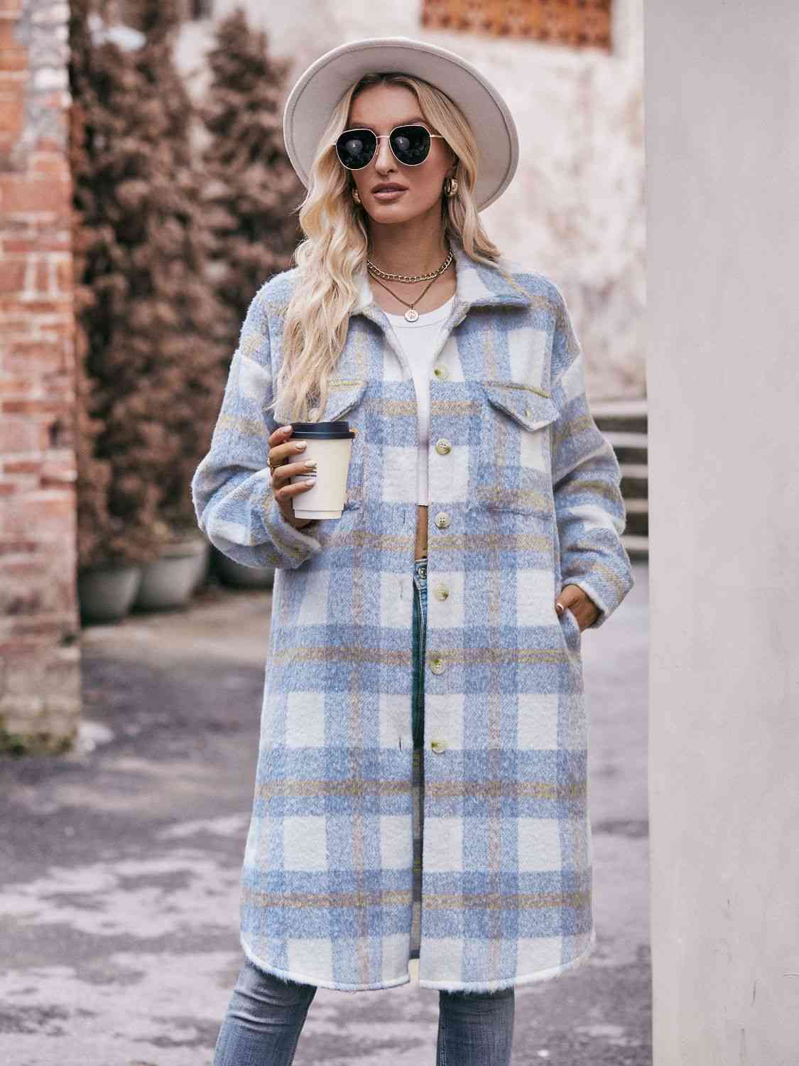 Adrien Planet Full Size Plaid Dropped Shoulder Slit Coat