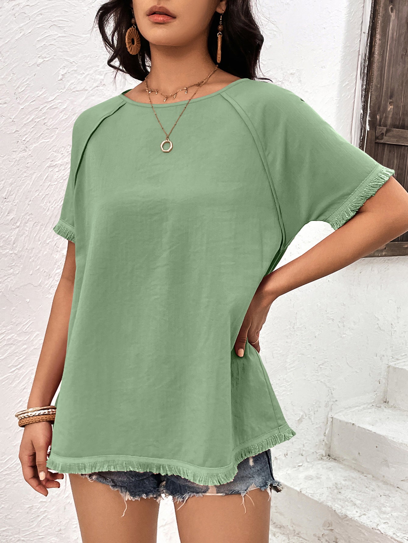 Women's Round Neck Raglan Sleeve Fringe Detail Top