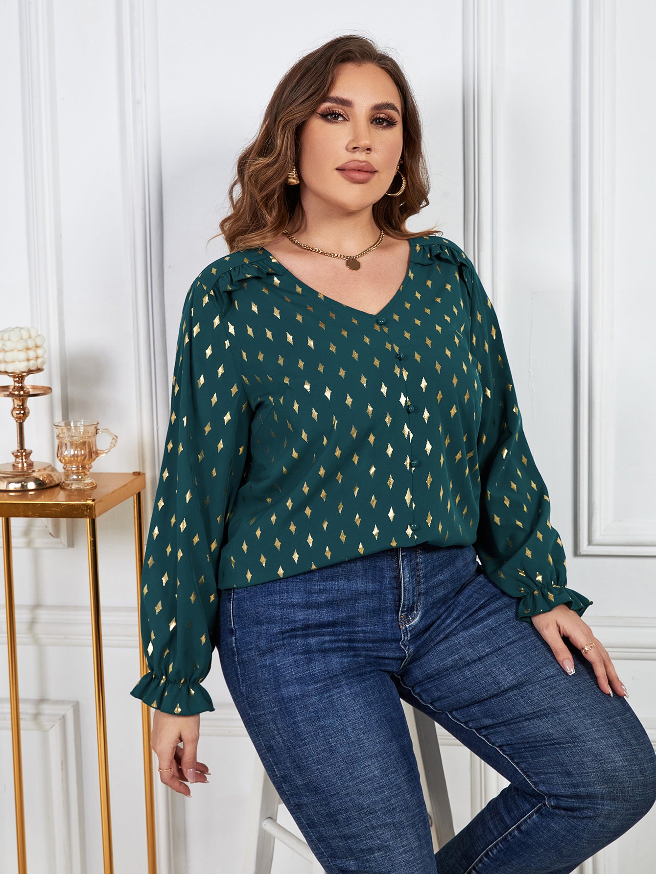 Beauteous Plus Size Printed Frill Trim Flounce Sleeve Blouse