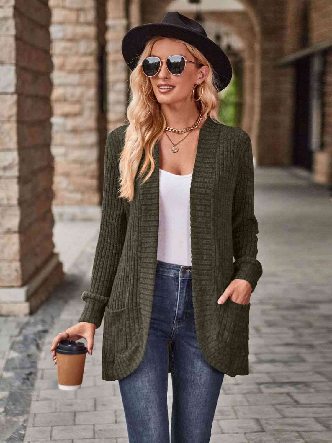 Full Size Open Front Cardigan with Pockets