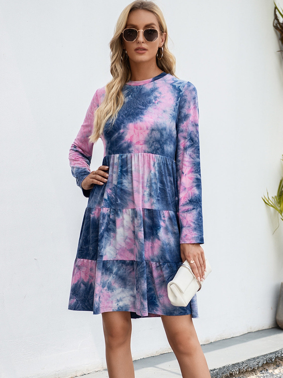 Tie-Dye Round Neck Long Sleeve Tiered Dress