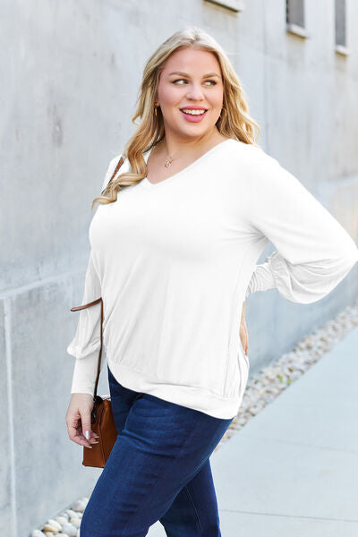 Basic Bae Full Size V-Neck Lantern Sleeve Blouse *