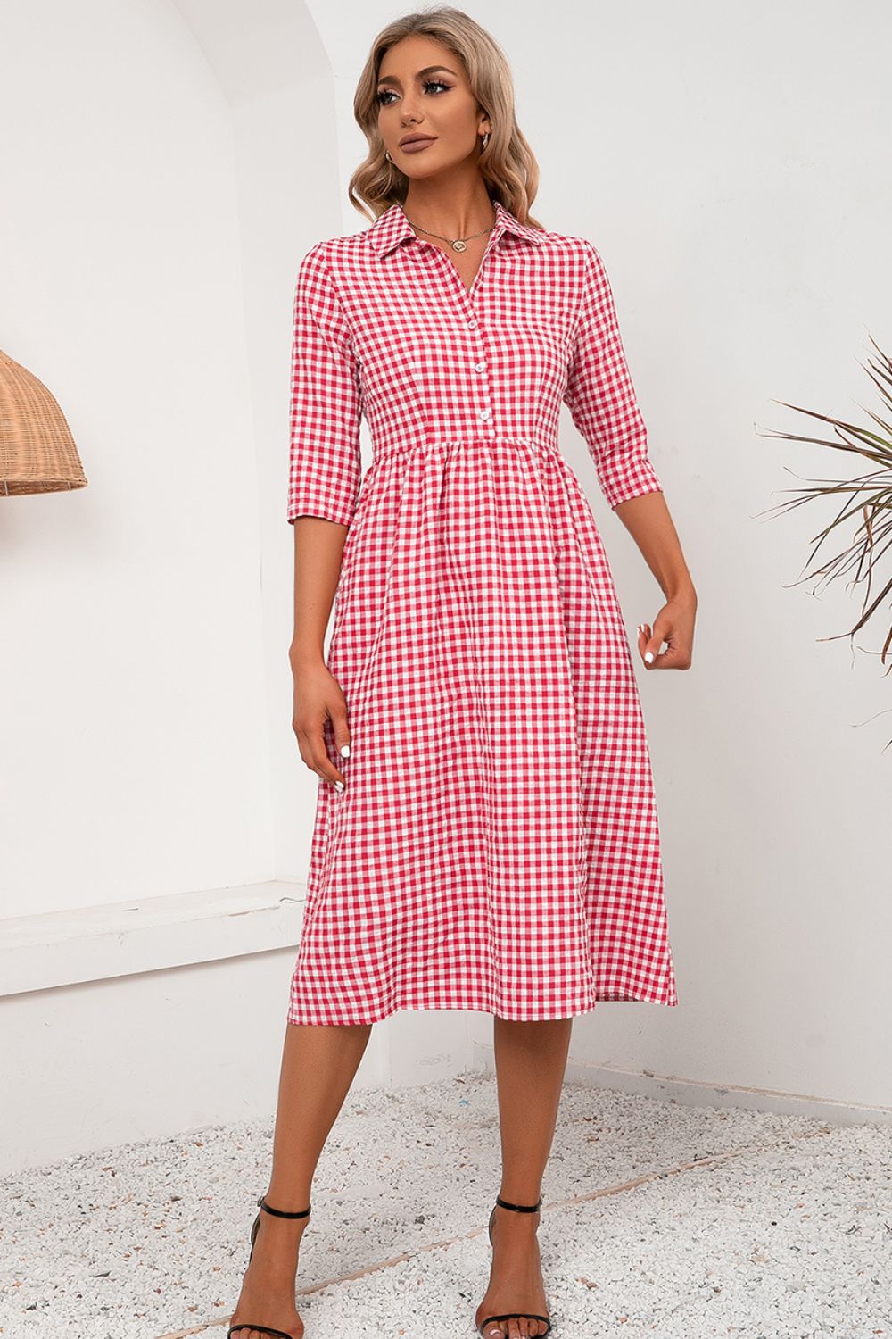 KeenLinear Plaid Collared Neck Midi Dress