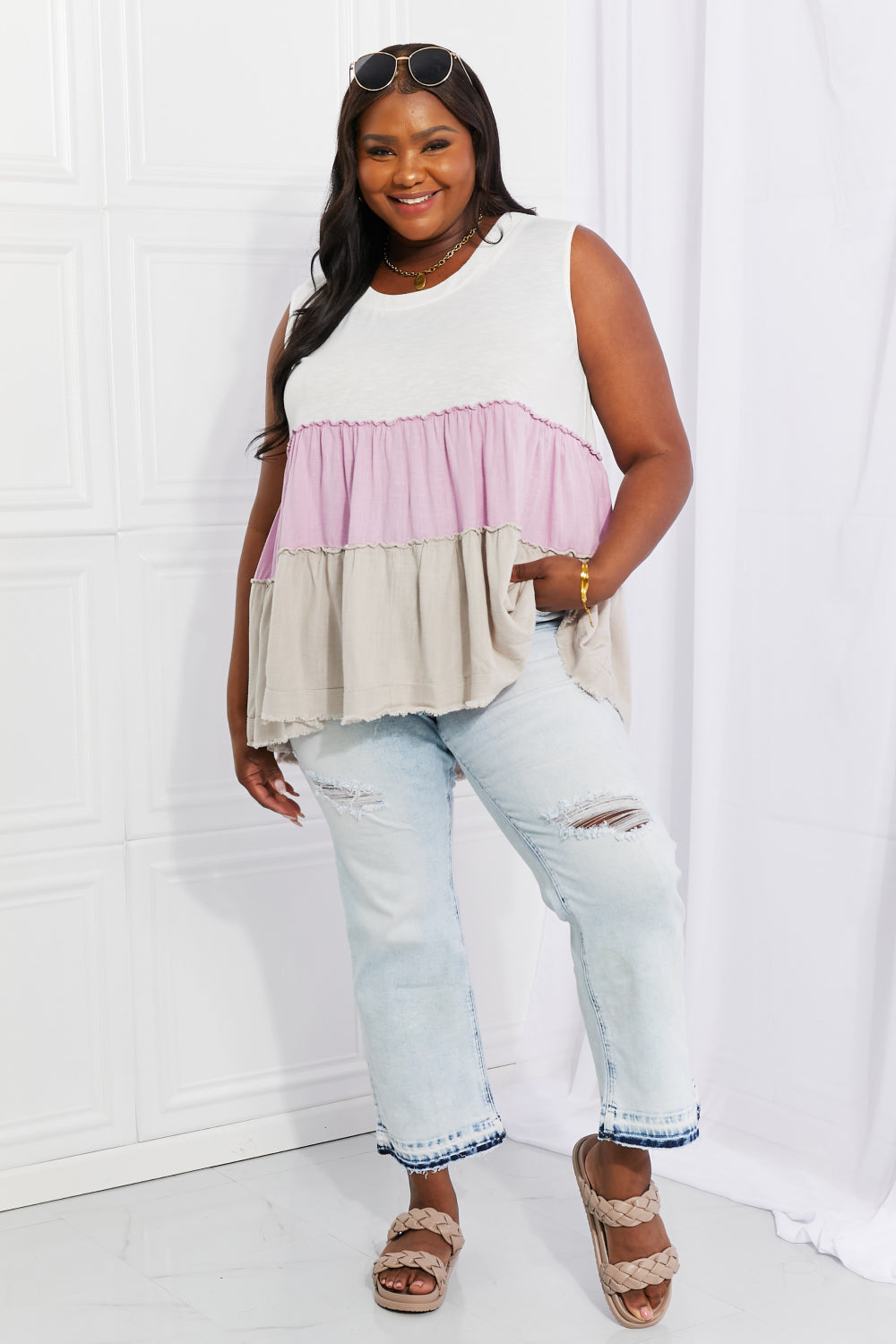 White Birch Full Size Watching the Sunset Color Block Baby doll Tank Top *