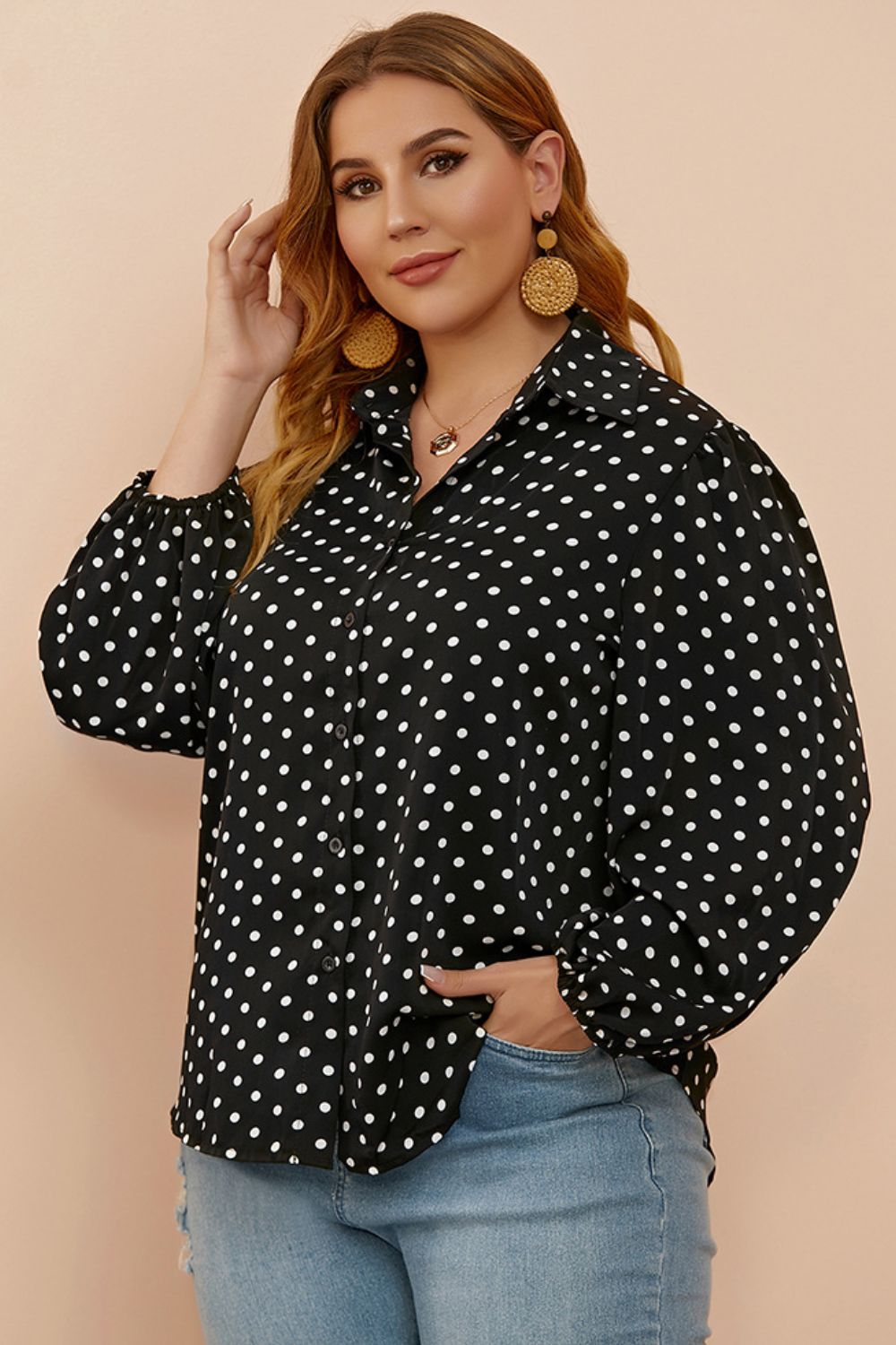 Women's Plus Size Polka Dot Balloon Sleeve Shirt