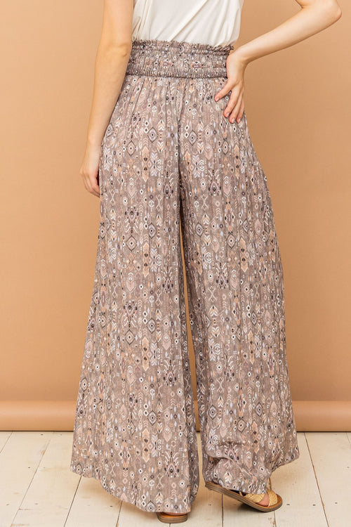 And The Why Printed Smocked Waist Slit Wide Leg Pants *