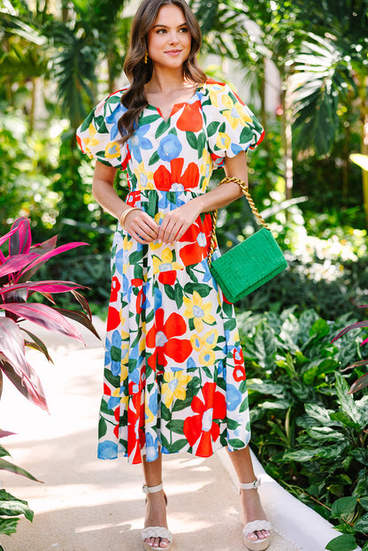 Women's Floral Notched Balloon Sleeve Midi Dress