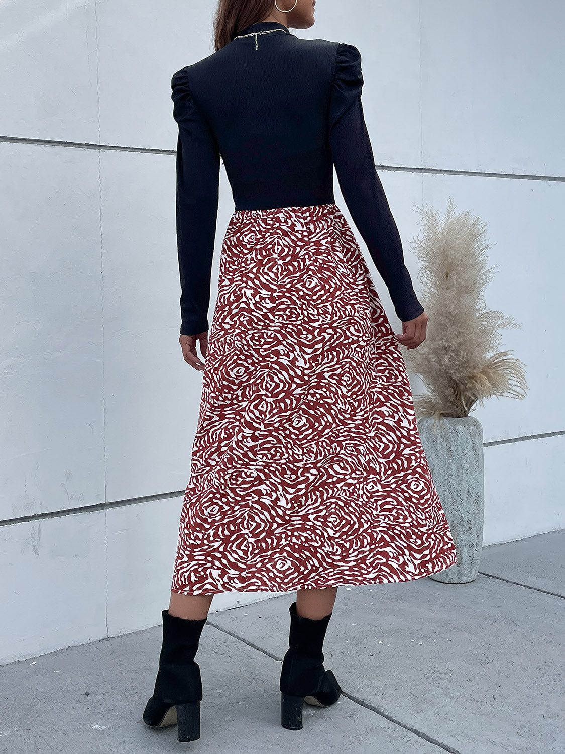 Printed Mock Neck Puff Sleeve Midi Dress