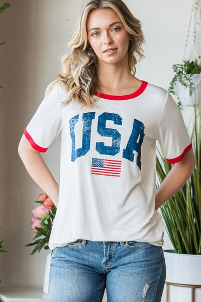 Heimish Full Size USA Contrast Trim Short Sleeve T-Shirt *