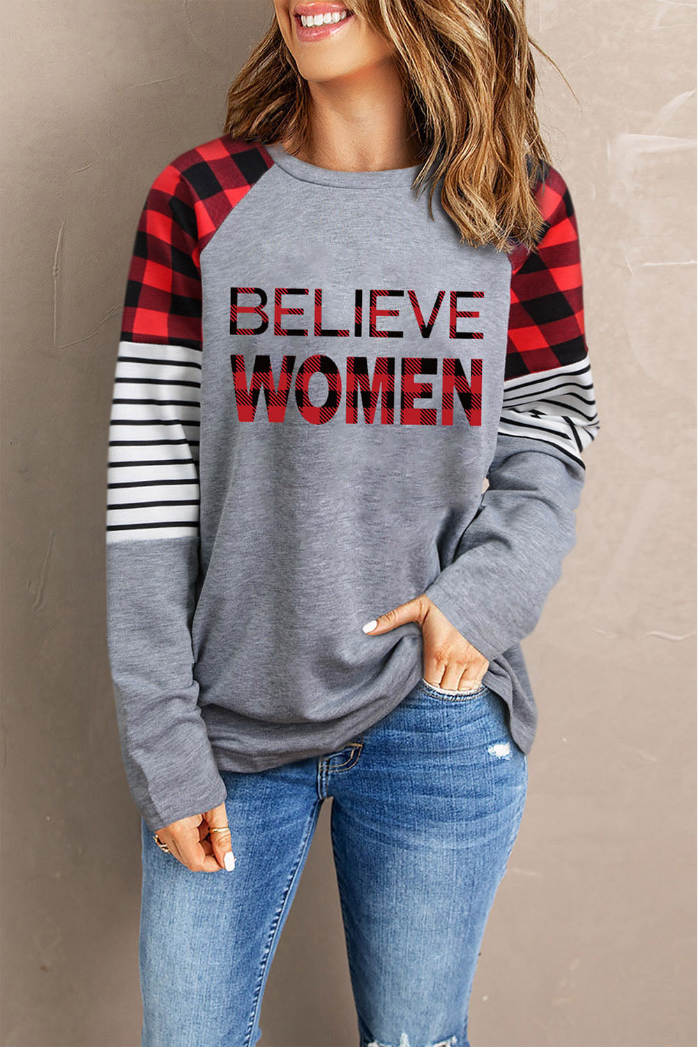 Women's Full Size BELIEVE WOMEN Plaid Striped Raglan Sleeve Top