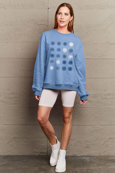 Simply Love Full Size Snowflakes Round Neck Sweatshirt